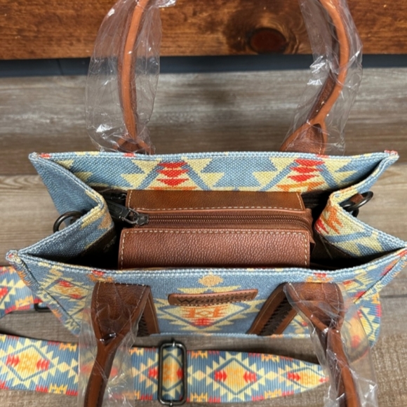 Wrangler Blue Southwestern Aztec Print Small Tote Crossbody - Picture 3 of 4